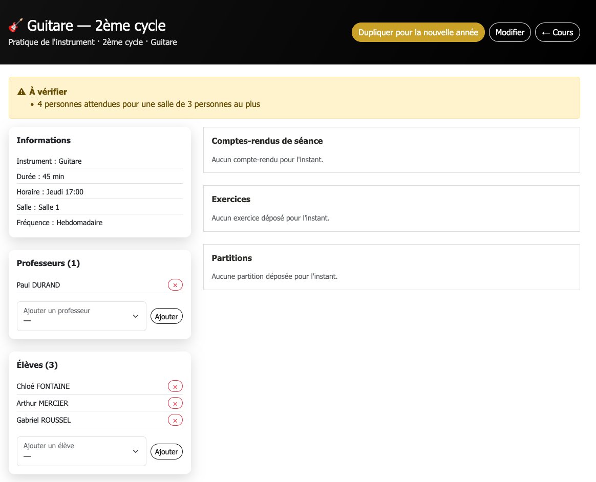 Page du cours de guitare de 2e cycle : encadré « À vérifier » avec l'alerte « 4 personnes attendues pour une salle de 3 personnes au plus », puis les informations du cours (salle 1), son professeur et ses trois élèves.