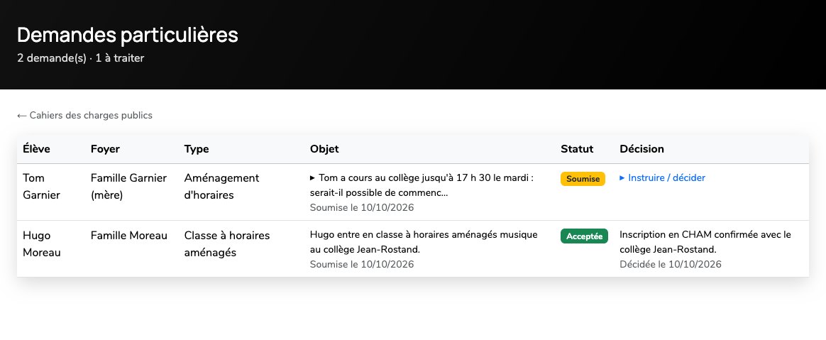 Liste des demandes particulières : une demande d'aménagement d'horaires soumise et une demande de classe à horaires aménagés acceptée, avec le foyer, l'élève et la décision.