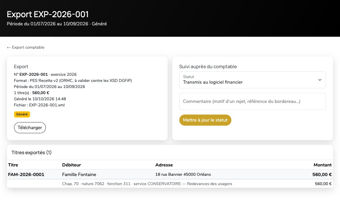 Export EXP-2026-001 au format PES Recette v2 : période, nombre de titres, montant, fichier à télécharger, suivi du statut auprès du comptable et liste des titres exportés avec débiteur, adresse et imputation.