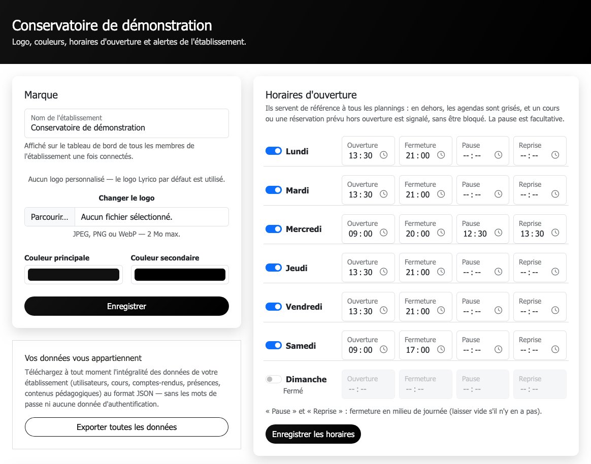 Page de l'établissement : marque (nom, logo, couleurs), encadré « Vos données vous appartiennent » avec le bouton d'export, et horaires d'ouverture jour par jour, l'après-midi en semaine, une pause le mercredi, le samedi de 9 h à 17 h, dimanche fermé.