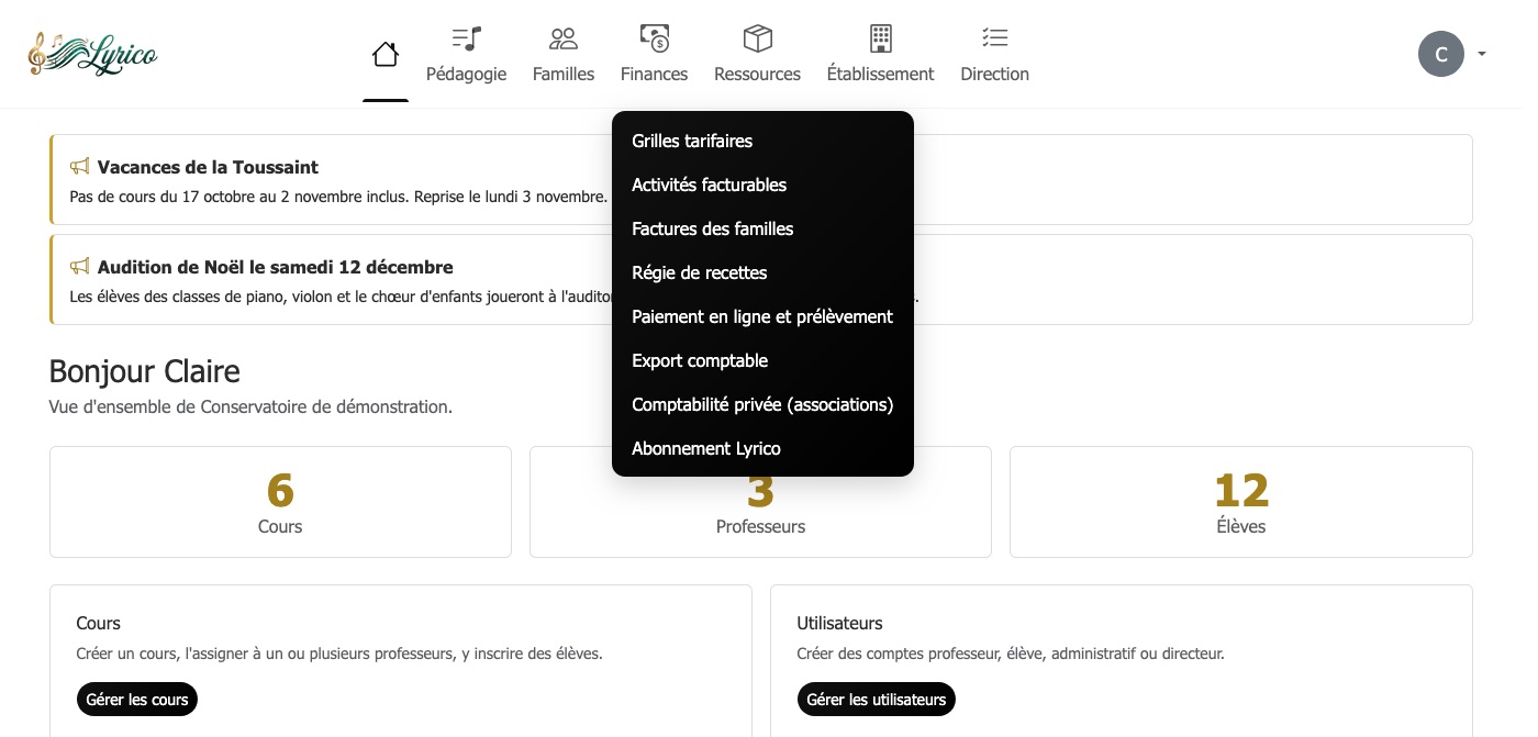 Menu de l'administration avec le menu déroulant « Finances » ouvert : grilles tarifaires, activités facturables, factures des familles, régie de recettes, paiement en ligne et prélèvement, export comptable, comptabilité privée (associations), abonnement Lyrico.