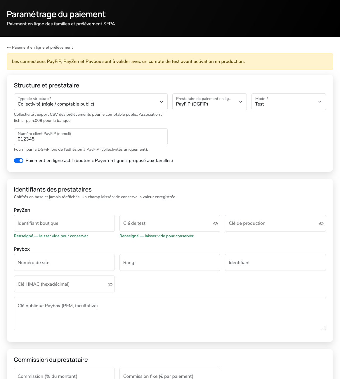 Paramétrage du paiement : rappel que les connecteurs sont à valider avec un compte de test, structure « collectivité », prestataire PayFiP en mode test avec le numéro client, paiement en ligne actif, puis les identifiants des prestataires.