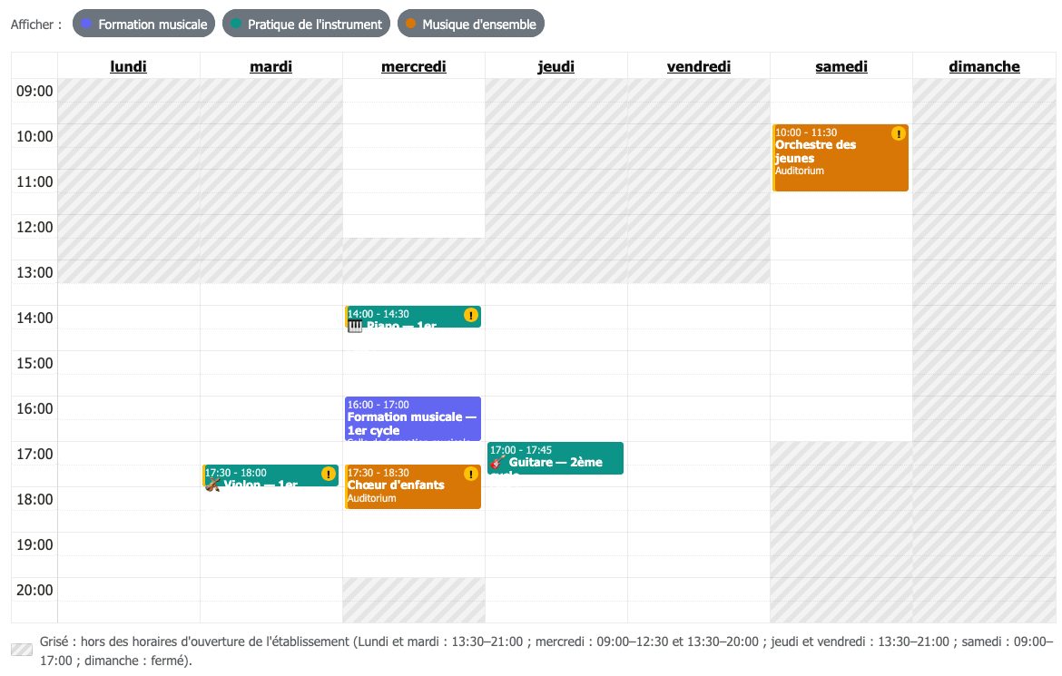Planning de la semaine avec les trois domaines cochés : matinées grisées du lundi au vendredi sauf le mercredi, pause du mercredi midi, samedi après 17 h et dimanche grisés ; un point d'exclamation signale les cours dont les élèves et professeurs sortent de la capacité de leur salle.