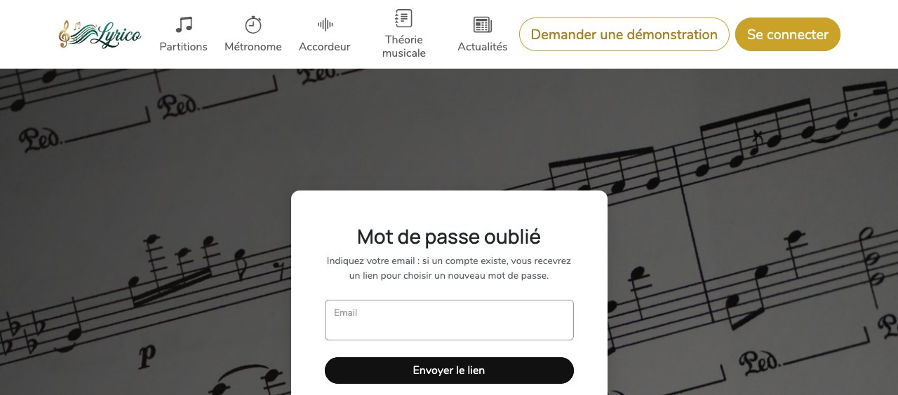 Formulaire « Mot de passe oublié » : un champ e-mail et un bouton pour recevoir le lien de réinitialisation.