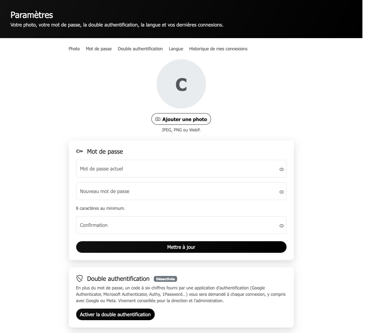 Page « Paramètres » : photo de profil, changement du mot de passe et encadré de la double authentification.