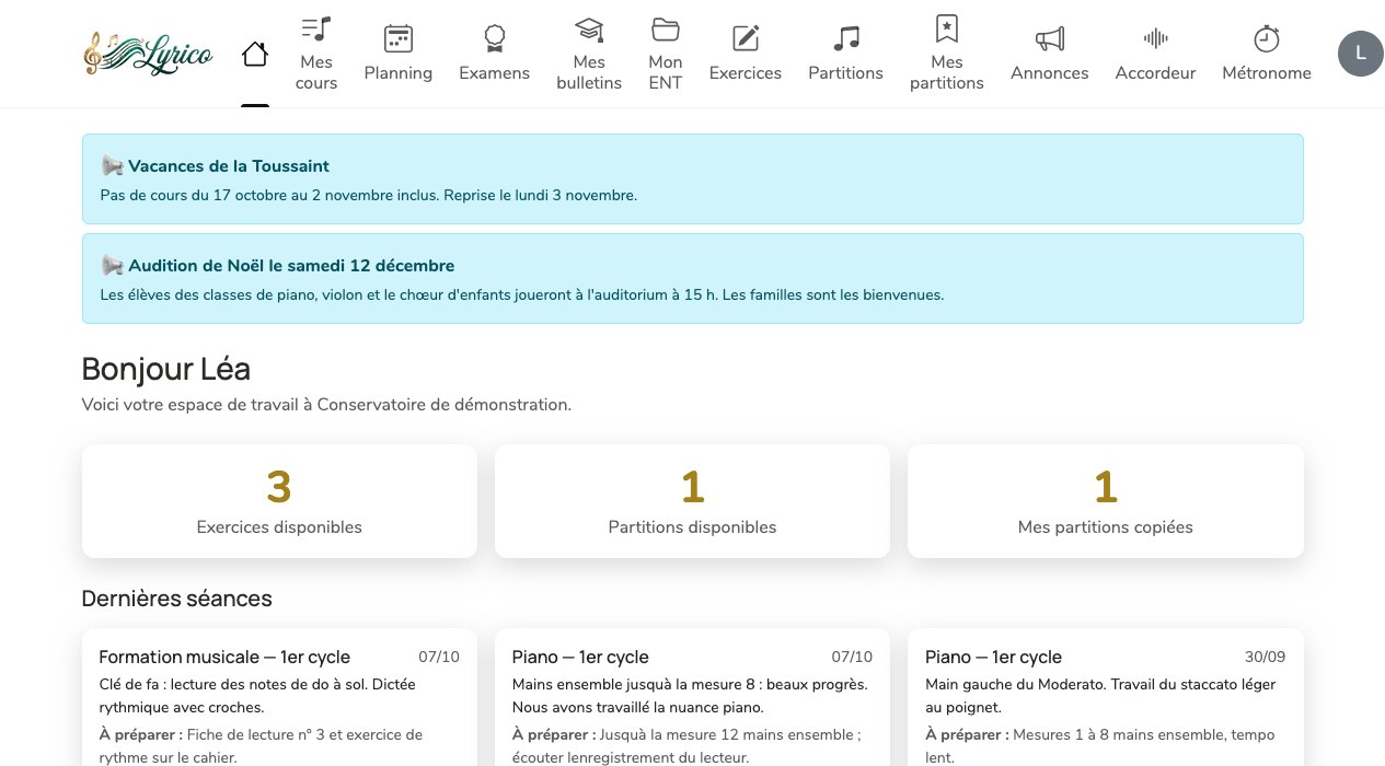 Tableau de bord d'une élève : menu avec Mes cours, Planning, Examens, Mes bulletins, Mon ENT, Exercices, Partitions, puis les annonces de l'établissement, des compteurs et les dernières séances.