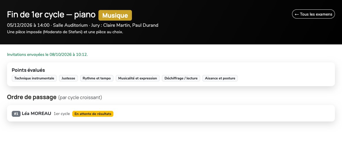 Page d'un examen de fin de premier cycle de piano vue par une élève : date, salle, jury et points évalués, avec la mention « En attente de résultats ».