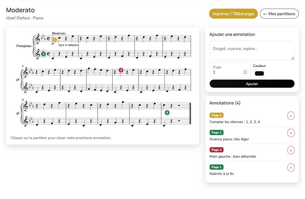 Copie personnelle du Moderato de Józef Stefani avec quatre pastilles d'annotation numérotées sur la partition et, à droite, le formulaire « Ajouter une annotation » et la liste des annotations.