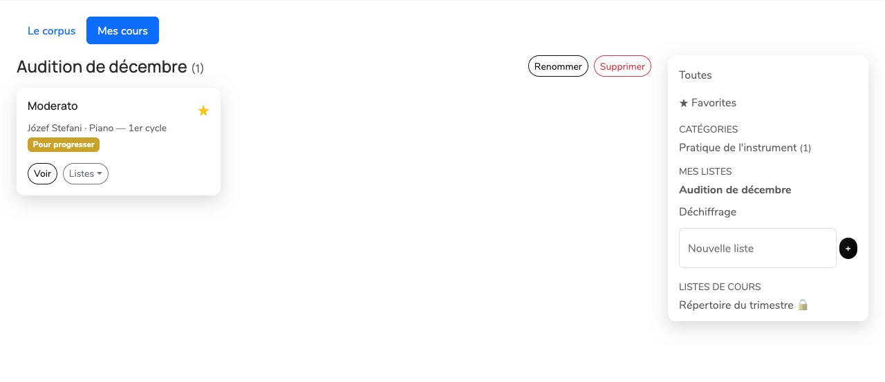 Page Partitions d'une élève : la liste personnelle « Audition de décembre » ouverte avec sa partition, et à droite les Favorites, les listes personnelles et la liste de cours du professeur.