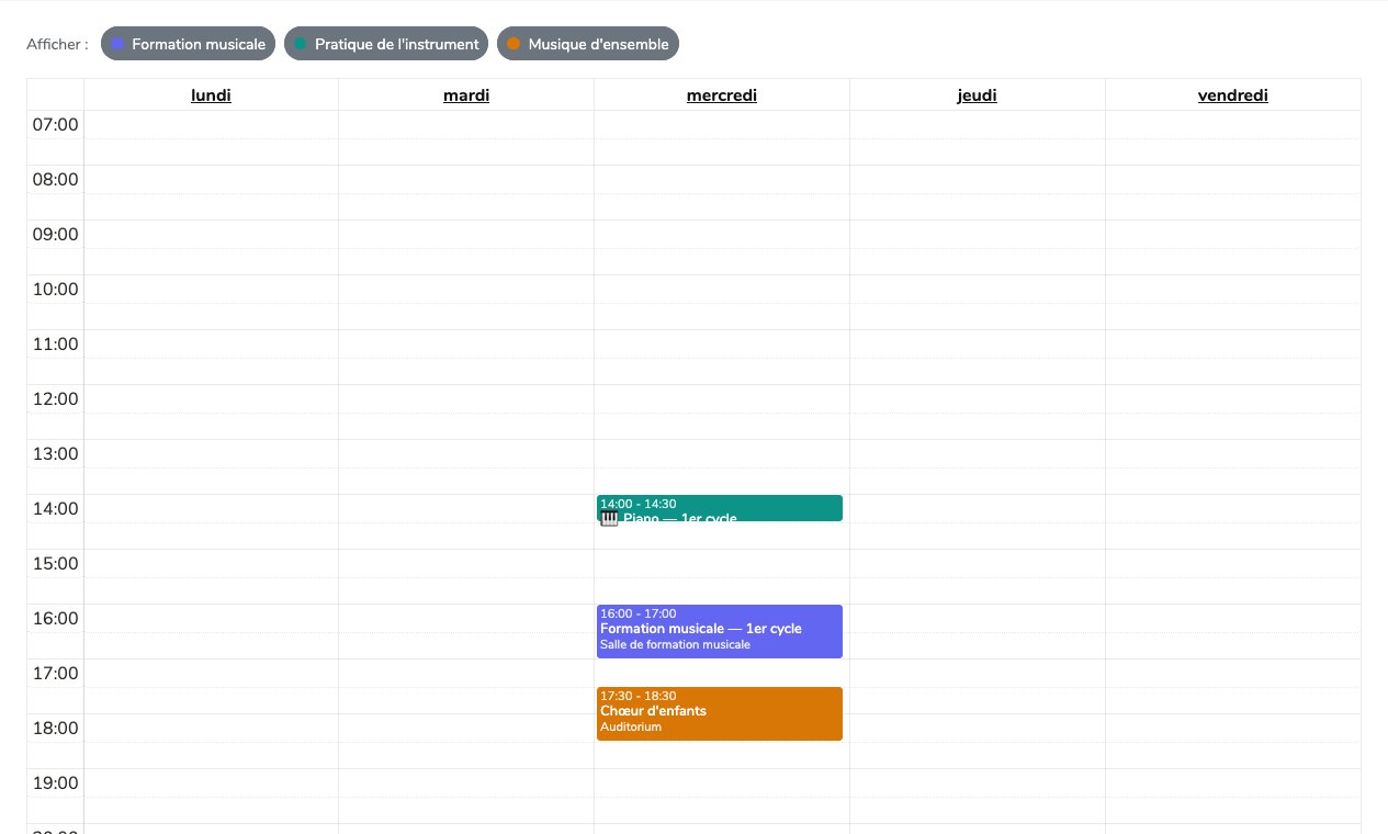 Planning hebdomadaire d'une élève : cours de piano le mercredi à 14 h, formation musicale à 16 h et chœur d'enfants à 17 h 30, chacun dans une couleur, avec les filtres par type de cours en haut.