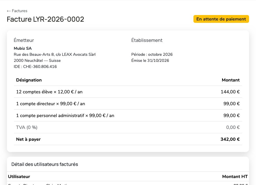 Facture d'abonnement LYR-2026-0002 vue par la direction : émetteur Mubiz SA, période d'octobre 2026, douze comptes élève à 12 €, un compte directeur et un compte administratif à 99 €, TVA à 0 % et net à payer de 342 €.