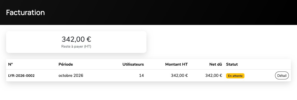 Liste des factures d'abonnement de l'établissement : période d'octobre 2026, quatorze comptes facturés, montant et net dû de 342 € HT, statut « en attente ».
