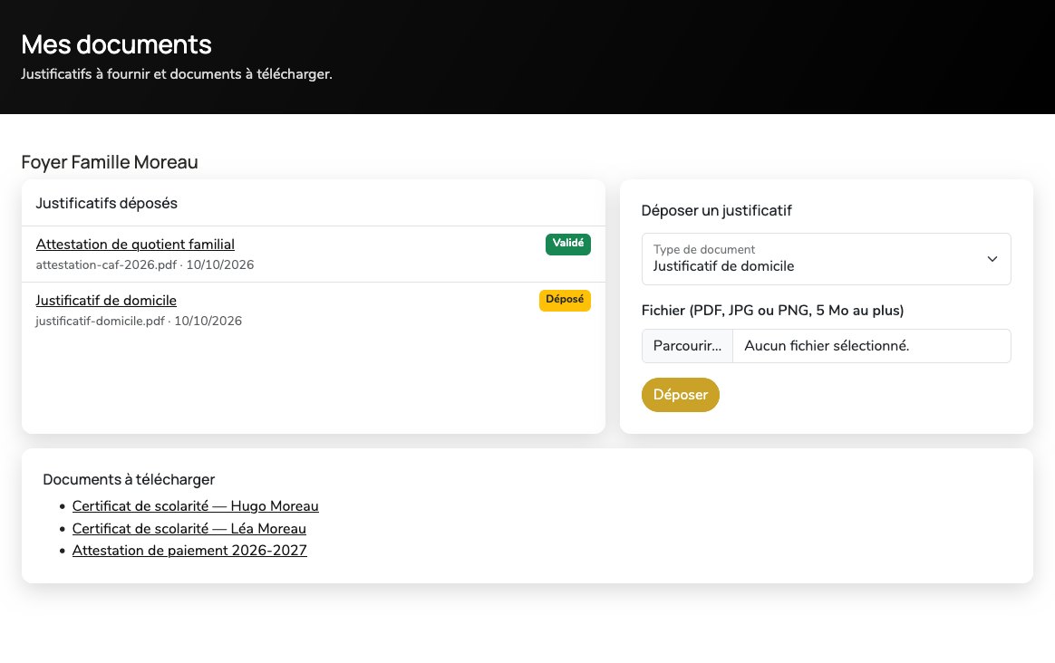 Page « Mes documents » : une attestation de quotient familial validée, un justificatif de domicile déposé, le formulaire de dépôt et les documents à télécharger.