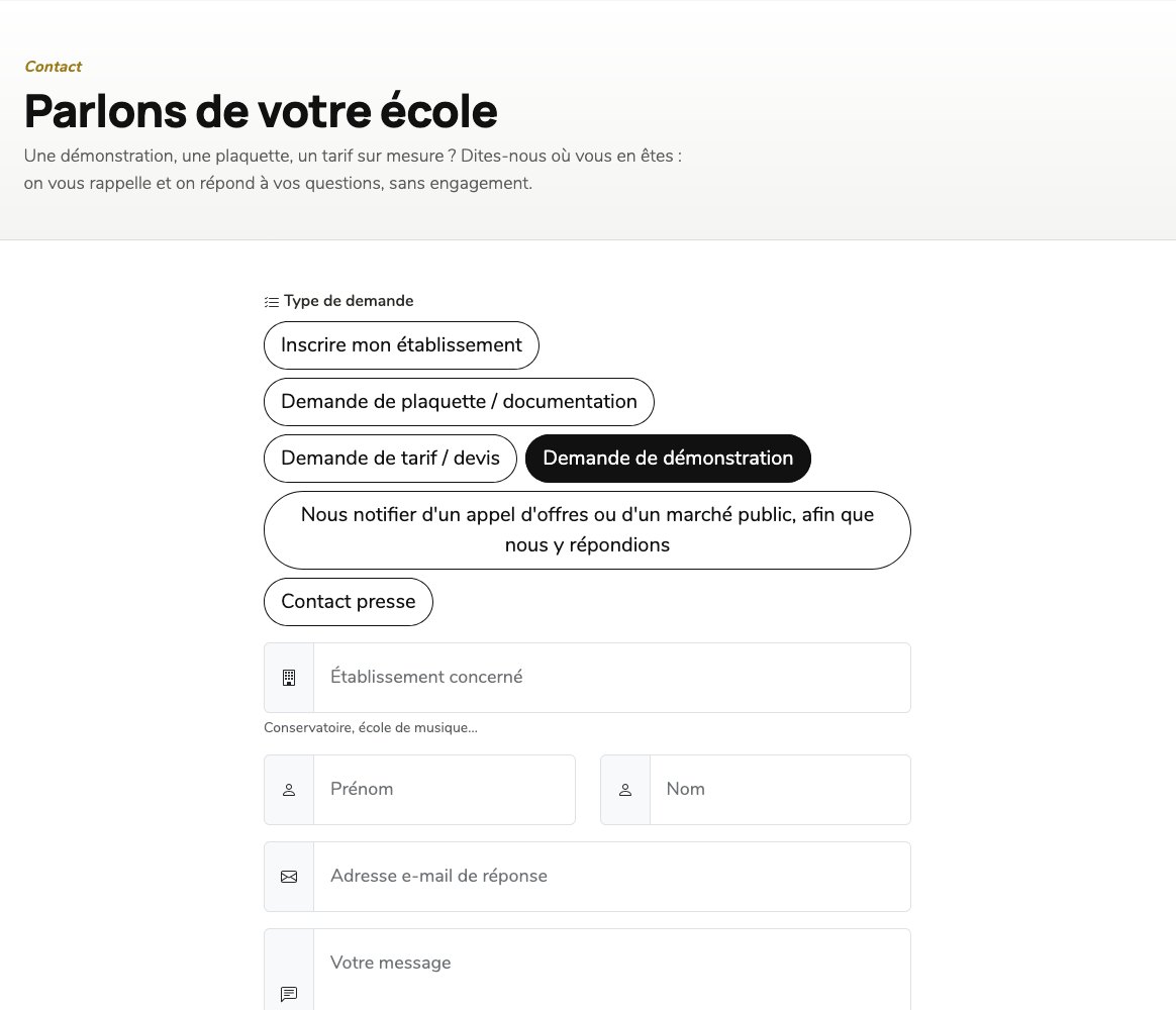 Formulaire de contact avec le type « Demande de démonstration » sélectionné parmi les types de demande, puis les champs établissement, prénom, nom, adresse e-mail de réponse et message.