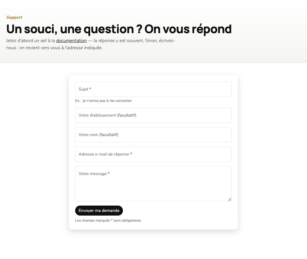 Formulaire de support : champs sujet, établissement, nom, adresse e-mail de réponse et message, avec le bouton d'envoi.